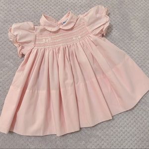 Vintage Baby Dress, Pink, Smocked, Flowers, Puff Sleeves Size 6-12 M